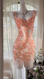 Ndyad Orange Pink V-Neck A-Line Beaded Short Prom Dresses HZ1024