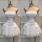 Ndyad White Strapless A-Line Tulle Short Prom Dresses Fashion Homecoming Dress HZ1024