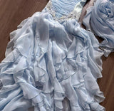 Ndyad Light Blue Strapless A-Line Chiffon Long Prom Dresses Elegant Formal Evening Gowns HZ1024