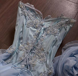 Ndyad Light Blue Strapless A-Line Chiffon Long Prom Dresses Elegant Formal Evening Gowns HZ1024