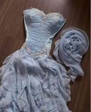 Ndyad Light Blue Strapless A-Line Chiffon Long Prom Dresses Elegant Formal Evening Gowns HZ1024