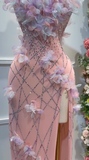 Ndyad Pink Strapless Bodycon Chiffon Sequin Long Prom Dresses Formal Evening Gowns with Appliques HZ1024