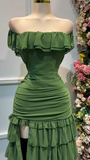 Ndyad Forest Green Off-the-shoulder Bodycon Chiffon Tiered Long Party Dresses Evening Gowns with Slits HZ1024