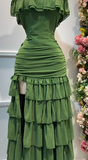 Ndyad Forest Green Off-the-shoulder Bodycon Chiffon Tiered Long Party Dresses Evening Gowns with Slits HZ1024