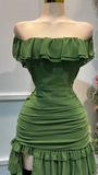 Ndyad Forest Green Off-the-shoulder Bodycon Chiffon Tiered Long Party Dresses Evening Gowns with Slits HZ1024