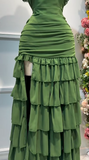 Ndyad Forest Green Off-the-shoulder Bodycon Chiffon Tiered Long Party Dresses Evening Gowns with Slits HZ1024