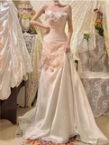 Ndyad White Strapless Mermaid Tulle Applique Long Prom Dresses Formal Evening Gowns HZ1024