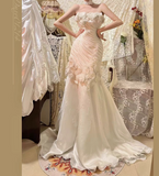 Ndyad White Strapless Mermaid Tulle Applique Long Prom Dresses Formal Evening Gowns HZ1024
