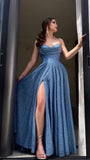Ndyad Navy Blue Sweetheart Neck A-Line Glitter Sequins Long Prom Dresses Evening Gowns with Open Back HZ1024