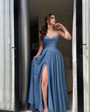 Ndyad Navy Blue Sweetheart Neck A-Line Glitter Sequins Long Prom Dresses Evening Gowns with Open Back HZ1024