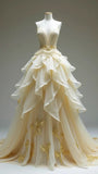 Ndyad Apricot Deep V Neck A-Line Layered Tulle Long Prom Dresses Formal Evening Gowns HZ1024
