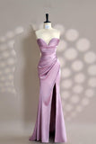 Ndyad Pink Sweetheart Neck Mermaid Satin Long Prom Dresses Formal Evening Gowns with Slits HZ1024