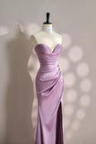 Ndyad Pink Sweetheart Neck Mermaid Satin Long Prom Dresses Formal Evening Gowns with Slits HZ1024