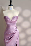Ndyad Pink Sweetheart Neck Mermaid Satin Long Prom Dresses Formal Evening Gowns with Slits HZ1024