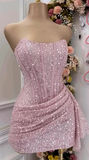 Ndyad Pink Strapless Bodycon Short Prom Dresses Glitter Sequin Homecoming Dresses HZ1024