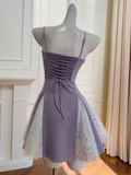 Ndyad Lavender Spaghetti Straps A-Line Satin Short Prom Dresses Glitter Tulle Homecoming Dresses with Bows HZ1024