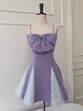 Ndyad Lavender Spaghetti Straps A-Line Satin Short Prom Dresses Glitter Tulle Homecoming Dresses with Bows HZ1024