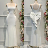 Ndyad White Square Neck Mermaid Satin Prom Dresses Formal Evening Gowns with Bow HZ1024