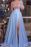 Ndyad Blue One Shoulder A-Line Chiffon Long Prom Dresses Formal Evening Gowns with Slits HZ1024