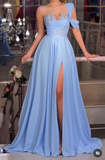 Ndyad Blue One Shoulder A-Line Chiffon Long Prom Dresses Formal Evening Gowns with Slits HZ1024