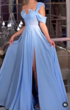 Ndyad Blue One Shoulder A-Line Chiffon Long Prom Dresses Formal Evening Gowns with Slits HZ1024