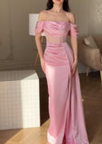 Ndyad Pink Off Shoulder Sheath Satin Long Prom Dresses Formal Evening Gowns with Slits HZ1024