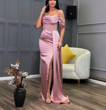Ndyad Pink Off Shoulder Sheath Satin Long Prom Dresses Formal Evening Gowns with Slits HZ1024