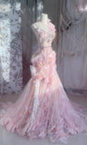 Ndyad Pink Sweetheart Mermaid Tulle Long Prom Dresses Formal Evening Gowns with Appliques HZ1024