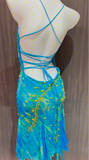 Ndyad Spaghetti Straps Blue Sheath Chiffon Backless Prom Dresses Vintage Evening Gowns with Beading HZ1024