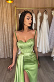 Ndyad Green Spaghetti Straps Mermaid Satin Short Long Prom Dresses Formal Evening Gowns with Slits HZ1024