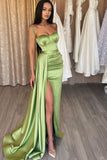 Ndyad Green Spaghetti Straps Mermaid Satin Short Long Prom Dresses Formal Evening Gowns with Slits HZ1024