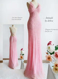 Ndyad Pink V Neck Mermaid Chiffon Beading Long Prom Dresses Vintage Formal Evening Gowns HZ1024