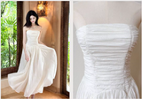 Ndyad White Strapless A-Line Chiffon Long Prom Dresses Birthday Evening Gowns HZ1024