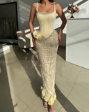 Ndyad Butter Yellow Square Neck Sheath Chiffon Beaded Long Prom Dresses Formal Evening Gowns HZ1024