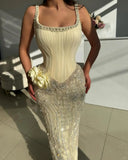 Ndyad Butter Yellow Square Neck Sheath Chiffon Beaded Long Prom Dresses Formal Evening Gowns HZ1024