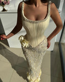 Ndyad Butter Yellow Square Neck Sheath Chiffon Beaded Long Prom Dresses Formal Evening Gowns HZ1024