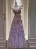 Ndyad Purple Spaghetti Straps A-Line Lace Tulle Long Prom Dresses Gorgeous Birthday Evening Gowns HZ1024