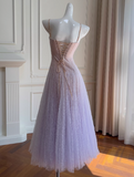 Ndyad Purple Spaghetti Straps A-Line Lace Tulle Long Prom Dresses Gorgeous Birthday Evening Gowns HZ1024