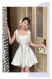 Ndyad Light Apricot Square Neck Satin A-Line Short Prom Dresses Homecoming Dresses HZ1024