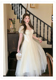 Ndyad Light Apricot A-Line Sweetheart Neck Tulle Lace Long Prom Dresses Sweet Birthday Evening Gowns HZ1024