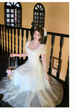 Ndyad Light Apricot A-Line Sweetheart Neck Tulle Lace Long Prom Dresses Sweet Birthday Evening Gowns HZ1024