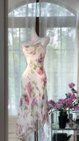Ndyad White Spaghetti Straps Sheath Printed Chiffon Vintage Short Prom Dresses HZ1024