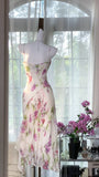 Ndyad White Spaghetti Straps Sheath Printed Chiffon Vintage Short Prom Dresses HZ1024