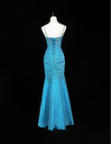 Ndyad Blue Spaghetti Straps Mermaid Taffeta Long Prom Dresses Formal Evening Gowns with Beading HZ1024