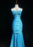Ndyad Blue Spaghetti Straps Mermaid Taffeta Long Prom Dresses Formal Evening Gowns with Beading HZ1024