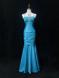 Ndyad Blue Spaghetti Straps Mermaid Taffeta Long Prom Dresses Formal Evening Gowns with Beading HZ1024