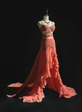 Ndyad Peach Strap A-Line Chiffon Long Prom Dresses Vintage Evening Gowns with Beading HZ1024