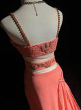 Ndyad Peach Strap A-Line Chiffon Long Prom Dresses Vintage Evening Gowns with Beading HZ1024