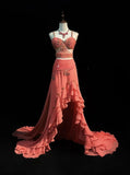 Ndyad Peach Strap A-Line Chiffon Long Prom Dresses Vintage Evening Gowns with Beading HZ1024