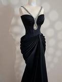 Ndyad Black V-neck Mermaid Satin Long Prom Dresses Formal Evening Gowns HZ1024